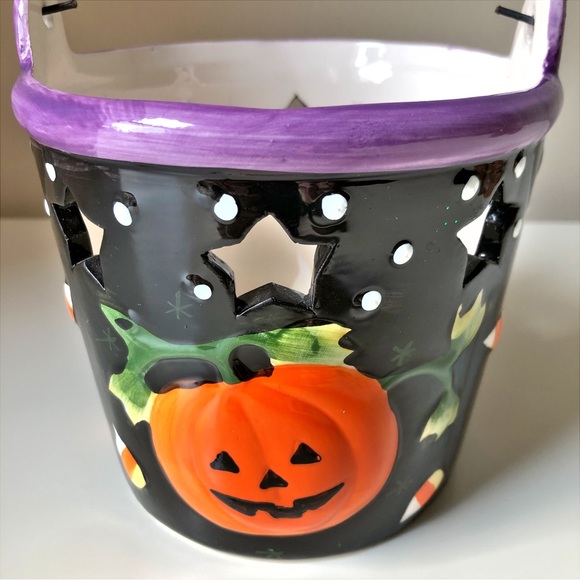 Ceramic Halloween Bucket Candle or Candy Holder Handle Open Stars Hand Painted - Picture 2 of 10